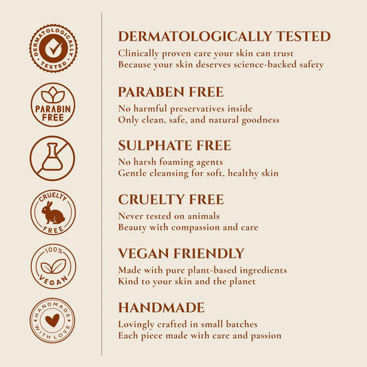 Certification badges and text about product safety, ingredients, and values on a beige background