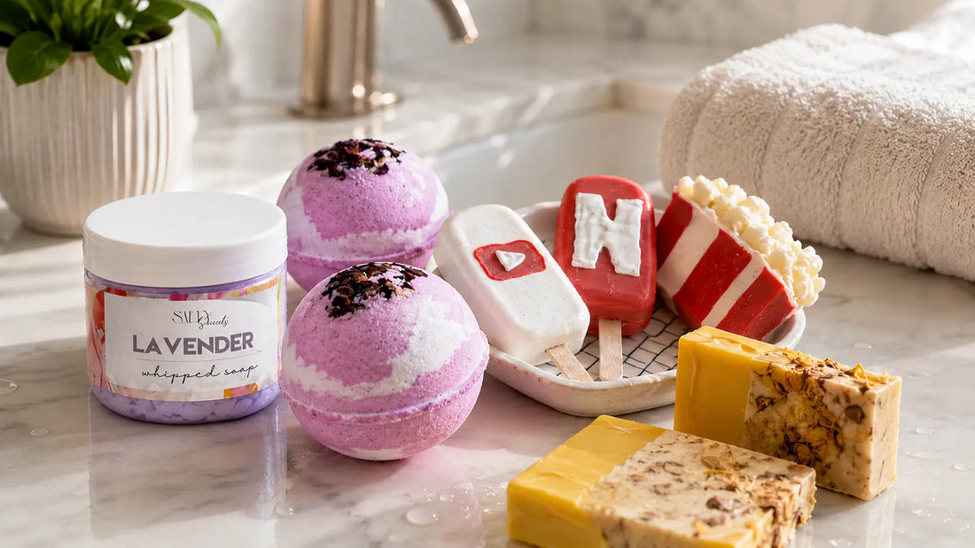 Salty Secrets lavender whipped soap, bath bombs and handmade soaps arranged on a bathroom counter for a 10-minute everything shower routine.