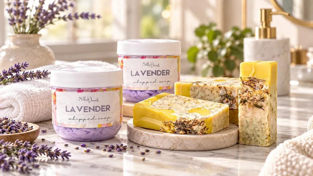 Handmade bathing soap bars and whipped soap arranged for an everyday bath routine in India