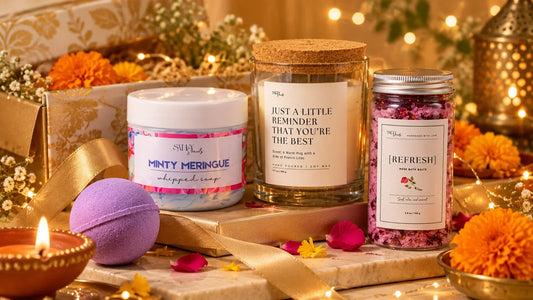 Diwali gifts under ₹1000 with handmade soaps candles and self-care products by Salty Secrets
