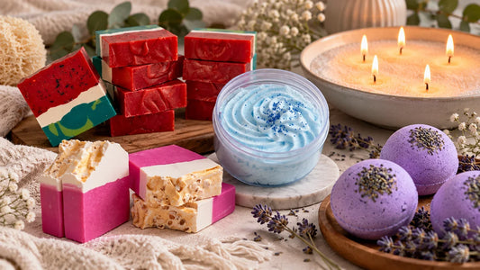 Handmade soaps in India arranged for daily bathing self-care and gifting by Salty Secrets