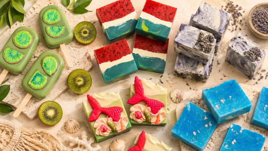 Colorful handmade summer soaps arranged on a clean cream background, featuring kiwi popsicle soaps, watermelon layered bars, lavender marbled soaps, mermaid tail soaps, and bright blue ocean-inspired soap bars.