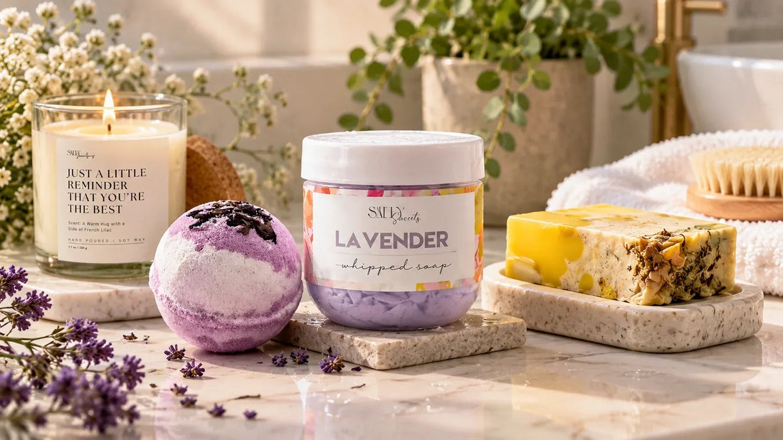 Simple body care routine with handmade soap, whipped soap, bath bomb and self-care bath products arranged beside a shower