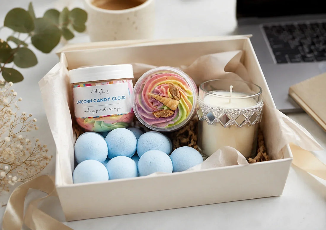 Corporate wellness gift hamper with Salty Secrets handmade soaps, whipped soap, bath bombs and candle arranged for employee gifting.