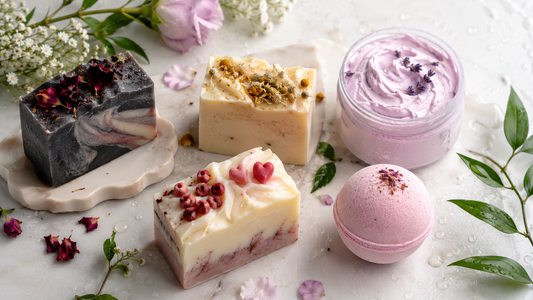 Salty Secrets handmade soaps, lavender whipped soap and a pink bath bomb arranged with flowers and water droplets for monsoon body care.