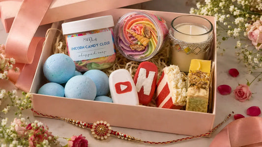 Salty Secrets Rakhi gift hamper with handmade soaps, whipped soap, bath bombs and candle arranged as a self-care gift for sister.