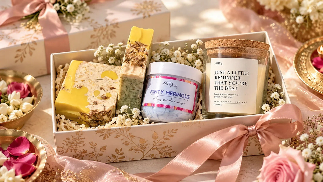 Personalised handmade soap wedding return gifts with candles and self-care products arranged in elegant gift boxes for Indian wedding guests.
